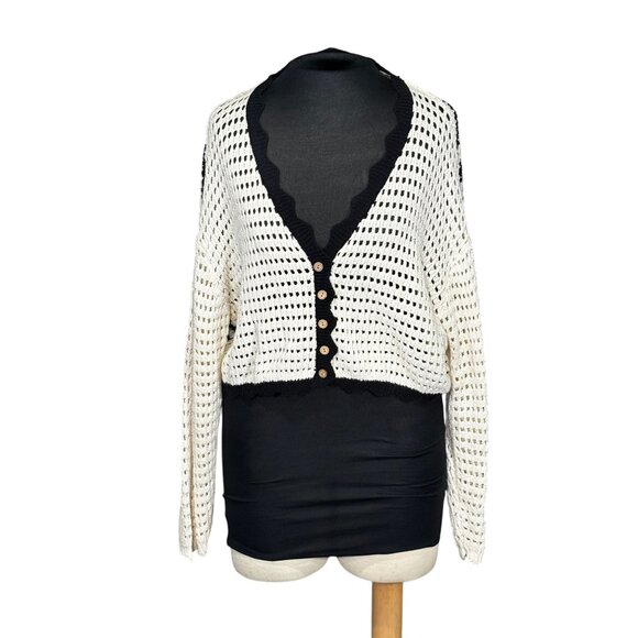 Miou Muse Womens Black & White Open-Knit Cropped Cardigan Sweater Size S - Picture 2 of 6